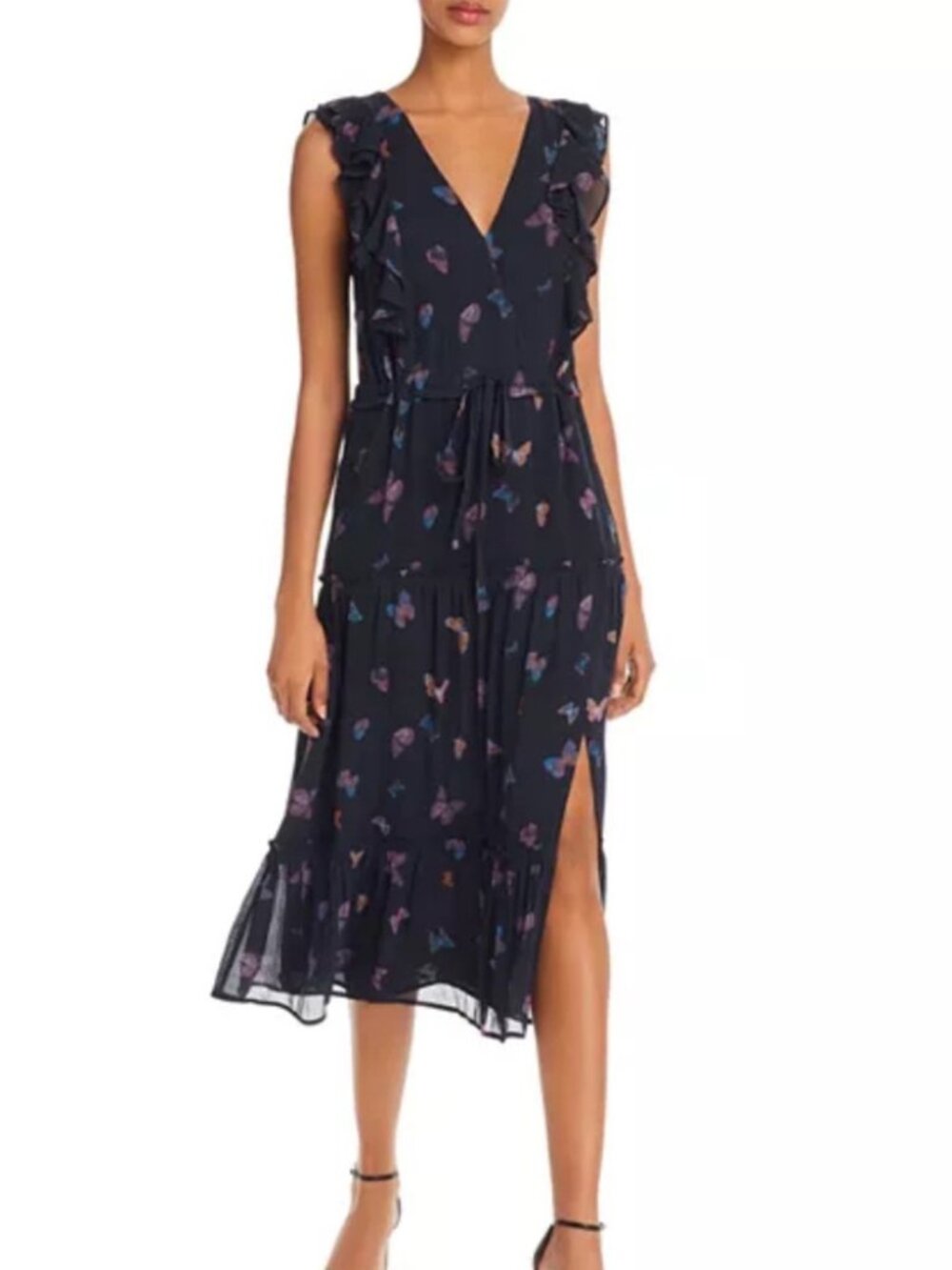 PAIGE Basil 100% Silk Butterfly Print Flutter Sleeve Tiered Midi Dress *FLAW*